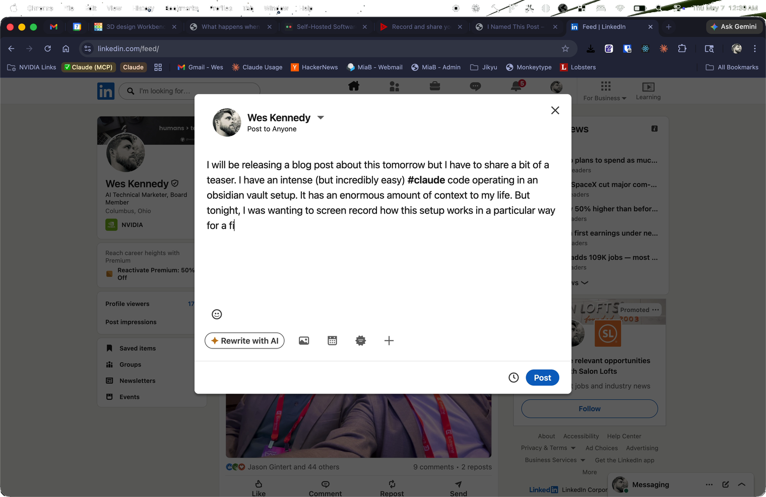 Composing the LinkedIn teaser at 12:38 AM